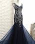Navy Blue Tulle Mermaid Evening Dresses with Silver Beadings Sexy Evening Party Gowns